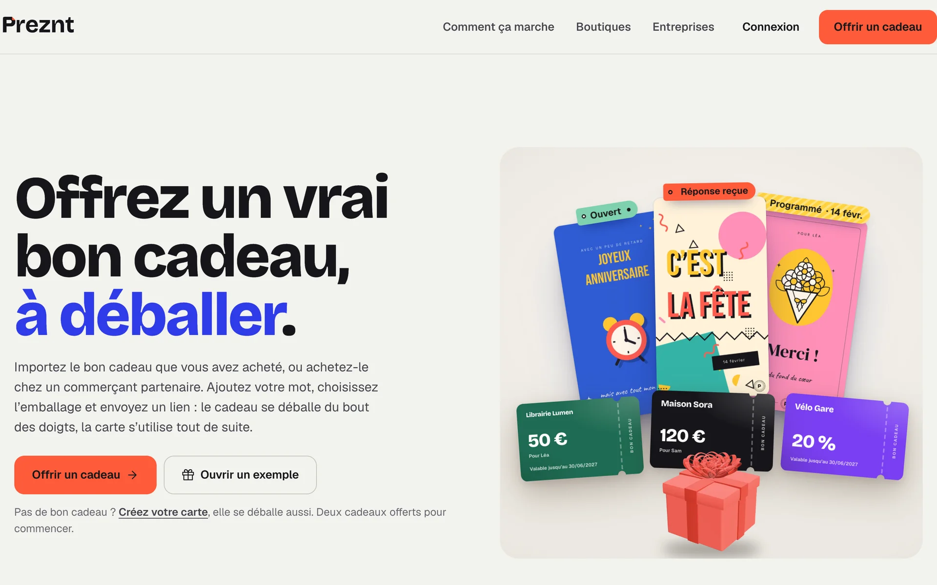 Page d’accueil de Preznt : offrir un vrai bon cadeau, à déballer